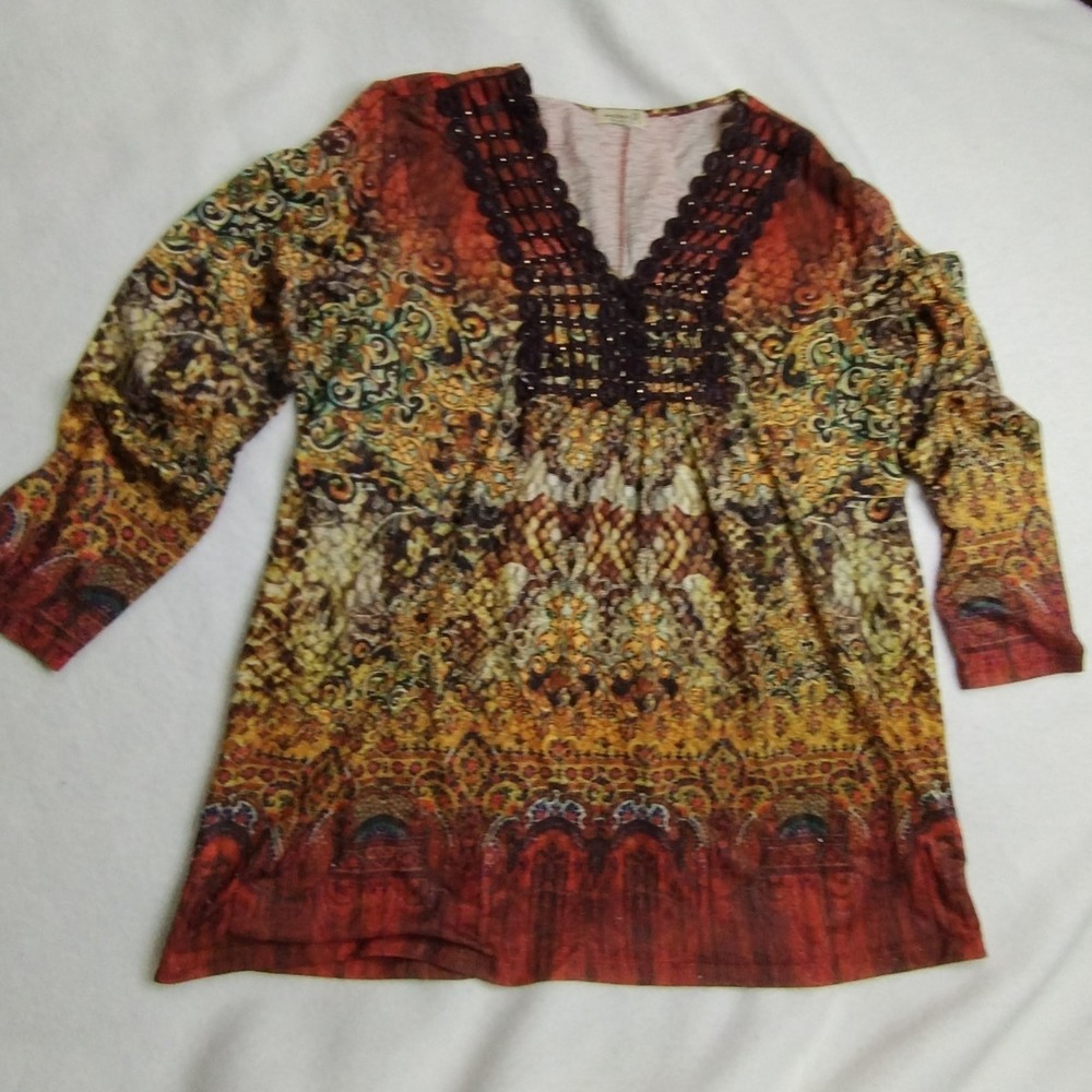 One World Paisley Print Embellished V-Neck Tunic Top Blouse Large